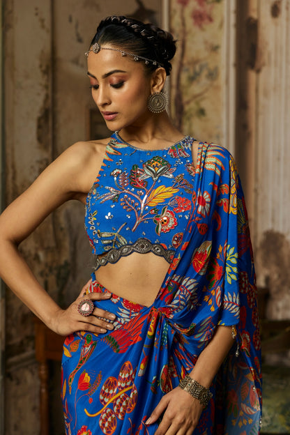 ELECTRIC BLUE PRINTED AND HIGHLIGHTED DHOTI SKIRT SAREE SET