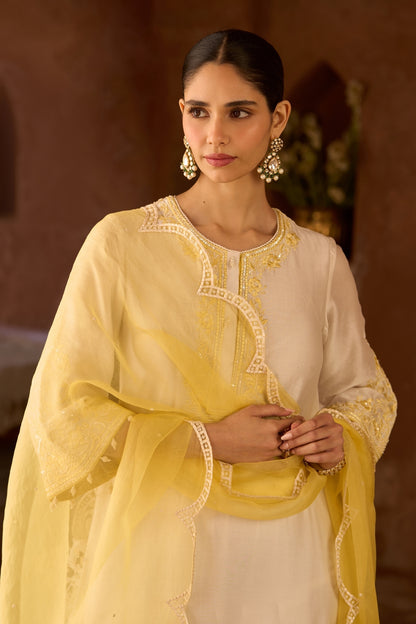 Hani - Daisy Ivory With Lemon Yellow A-line Kurta With Salwar And Dupatta
