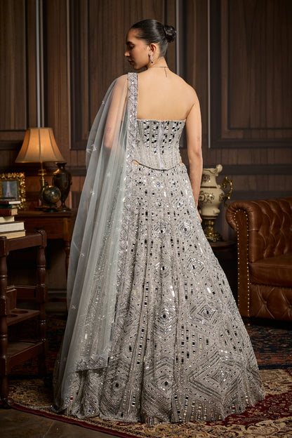 Silver Embellished Mirrorwork Lehenga Set