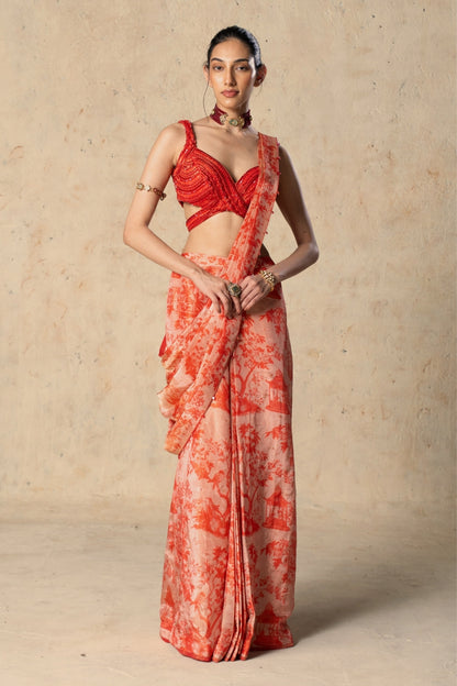 Printed Red Tissue Saree
