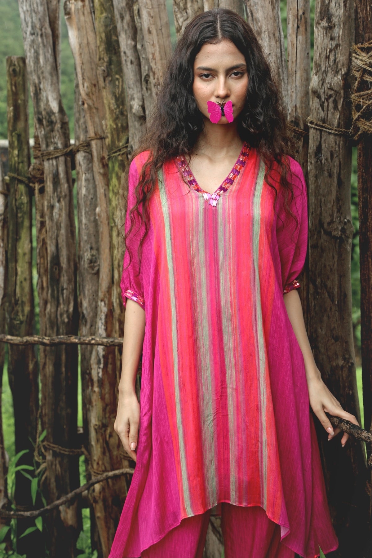 Pink Chinon Chiffon Striped Embroidered Co-Ord Set