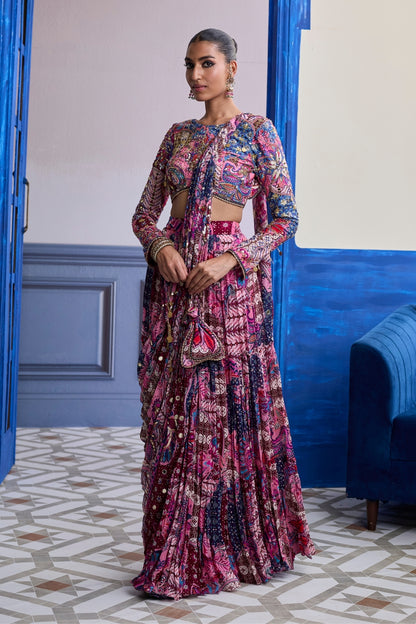 FUCHSIA FLORAL BLOUSE WITH DRAPE TIERED SAREE SKIRT SET