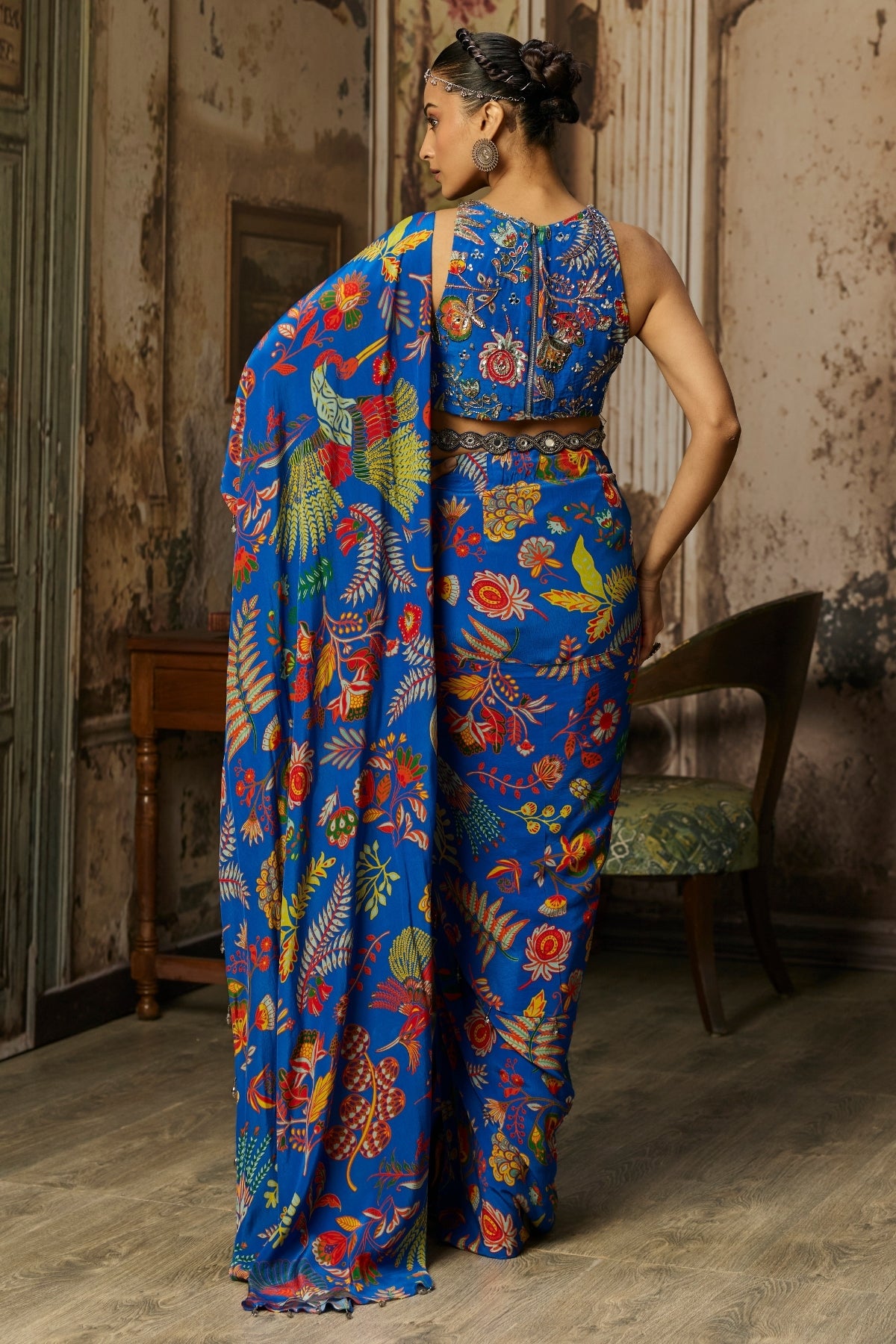 ELECTRIC BLUE PRINTED AND HIGHLIGHTED DHOTI SKIRT SAREE SET