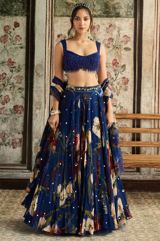 BLUE FLORAL PRINT AND HIGHLIGHTED LEHENGA SET