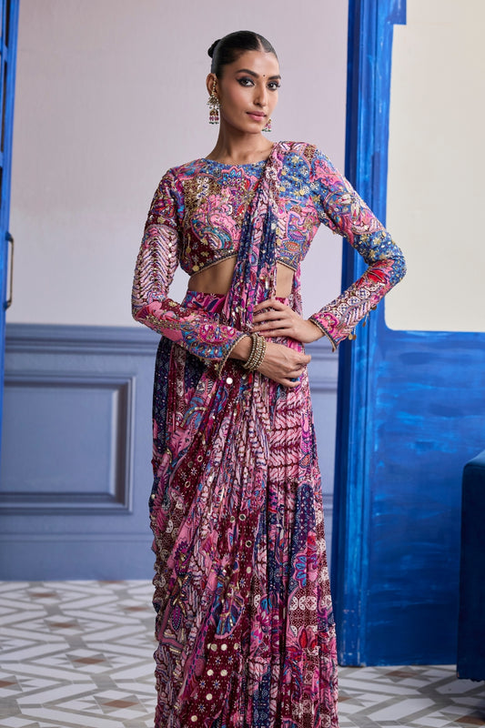 FUCHSIA FLORAL BLOUSE WITH DRAPE TIERED SAREE SKIRT SET
