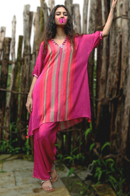 Pink Chinon Chiffon Striped Embroidered Co-Ord Set