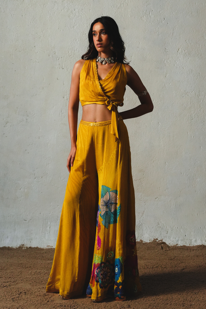 Yellow Chiffon Flared Pant Set