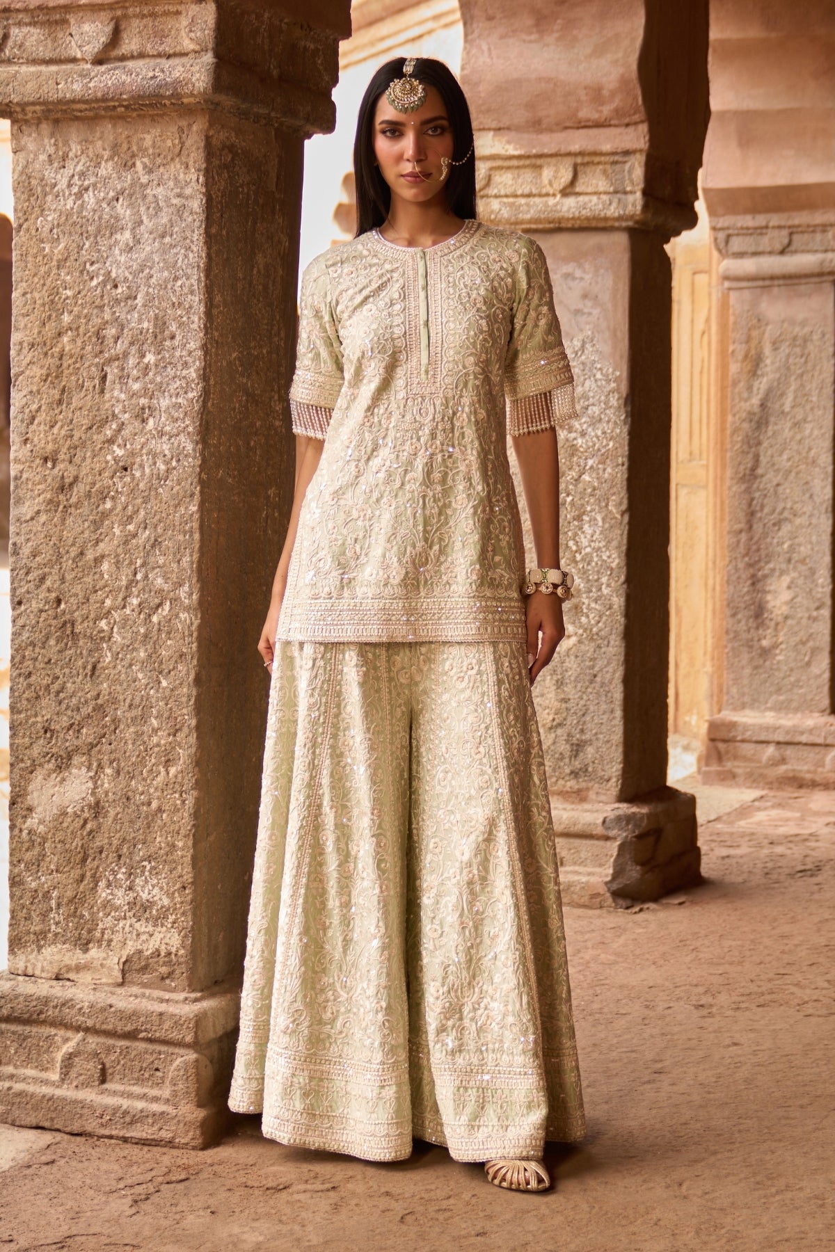 Heer - Mint Green Short Kurta With Sharara And Dupatta