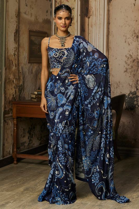 NAVY BLUE PRINTED AND HIGHLIGHTED CLASSIC SAREE SET