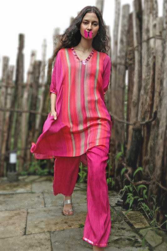 Pink Chinon Chiffon Striped Embroidered Co-Ord Set