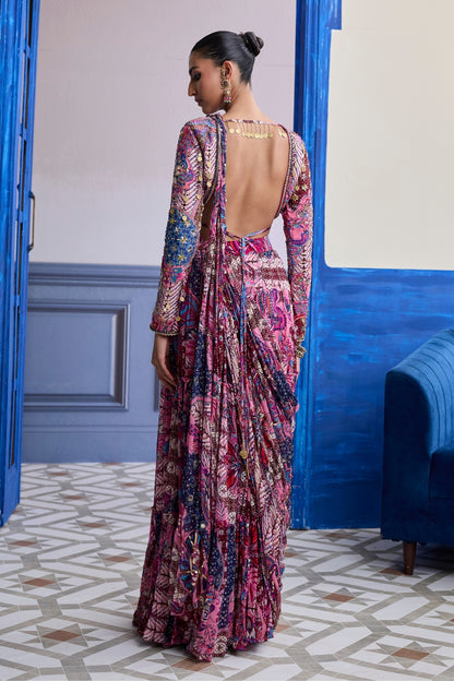 FUCHSIA FLORAL BLOUSE WITH DRAPE TIERED SAREE SKIRT SET