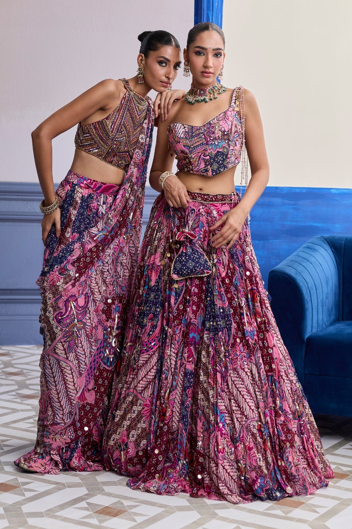 FUCHSIA FLORAL CORSET WITH HIGHLIGHTED LEHENGA SET