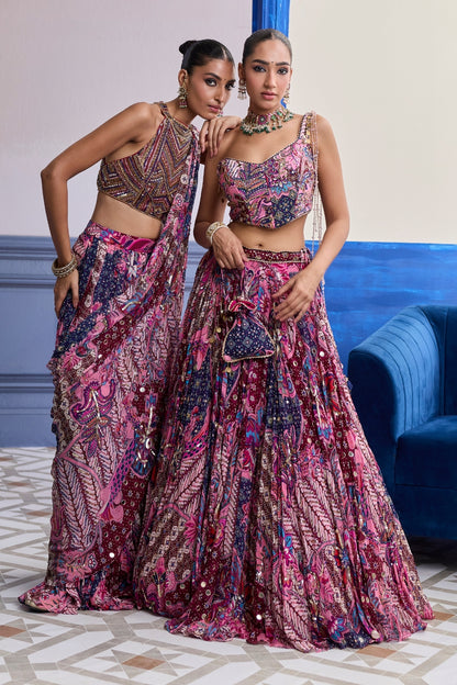 FUCHSIA FLORAL CORSET WITH HIGHLIGHTED LEHENGA SET