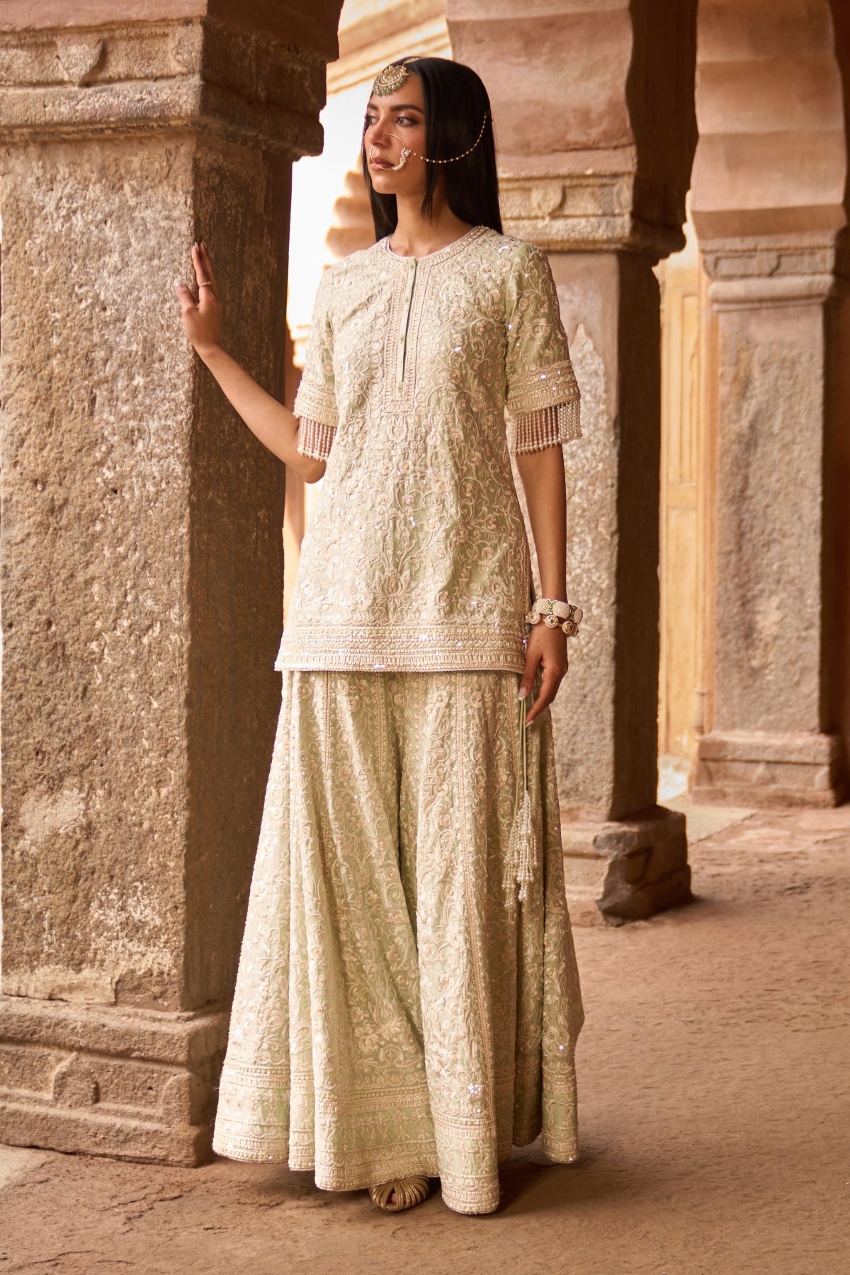 Heer - Mint Green Short Kurta With Sharara And Dupatta