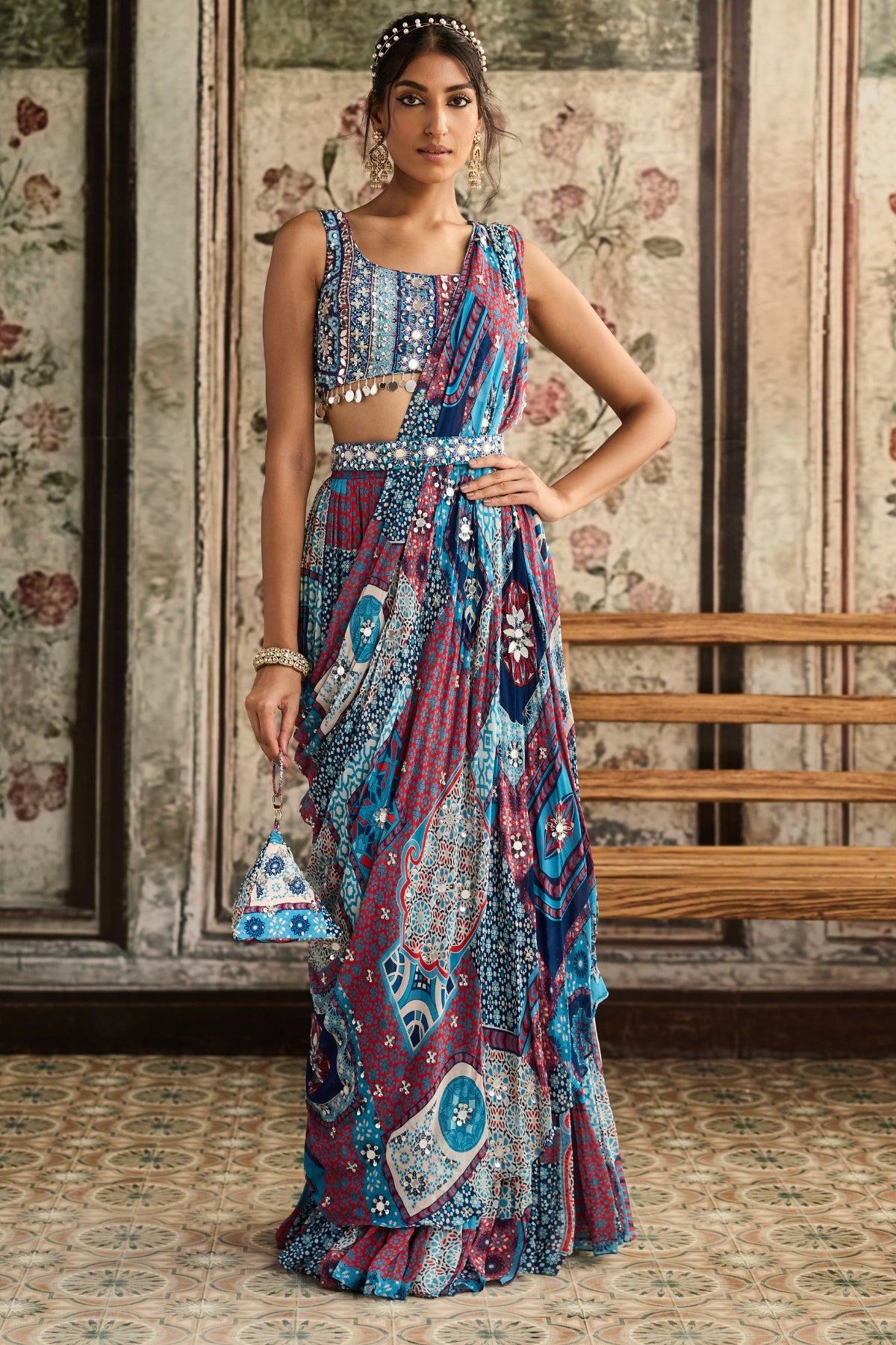 TEAL PRINT AND AND HIGHLIGHTED SQUARE NECK BLOUSE WITH TIERED SKIRT SAREE SET