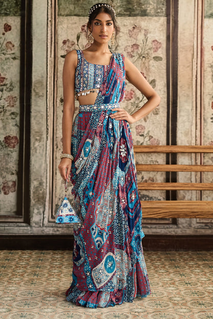 TEAL PRINT AND AND HIGHLIGHTED SQUARE NECK BLOUSE WITH TIERED SKIRT SAREE SET