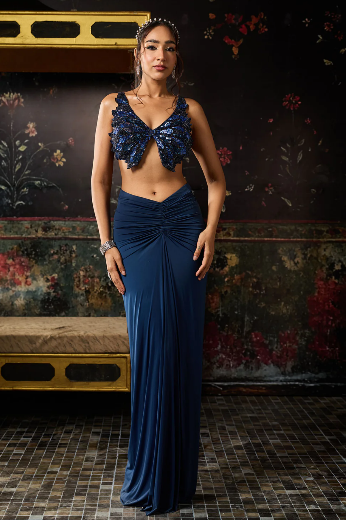 Teal Blue Cutwork Blouse With Draped Skirt Set