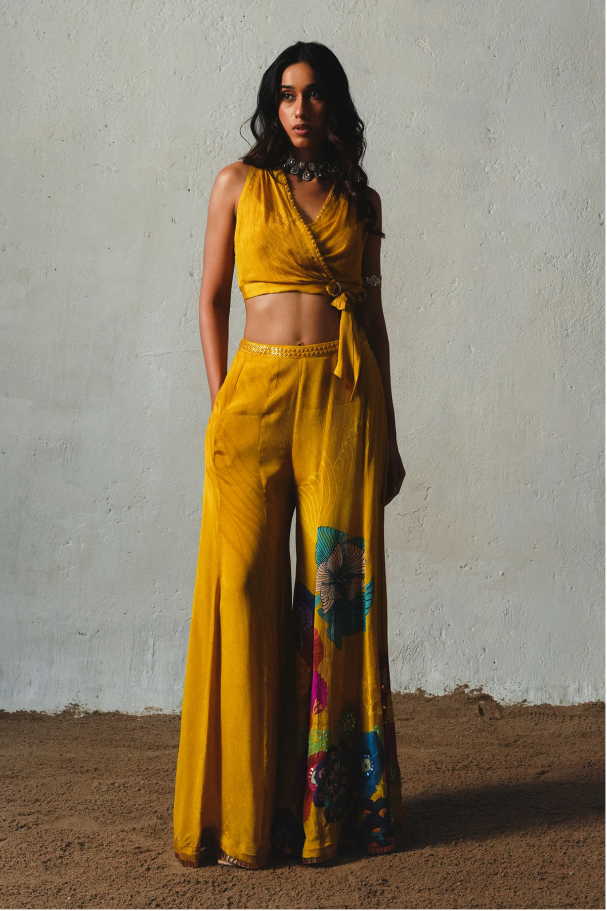 Yellow Chiffon Flared Pant Set