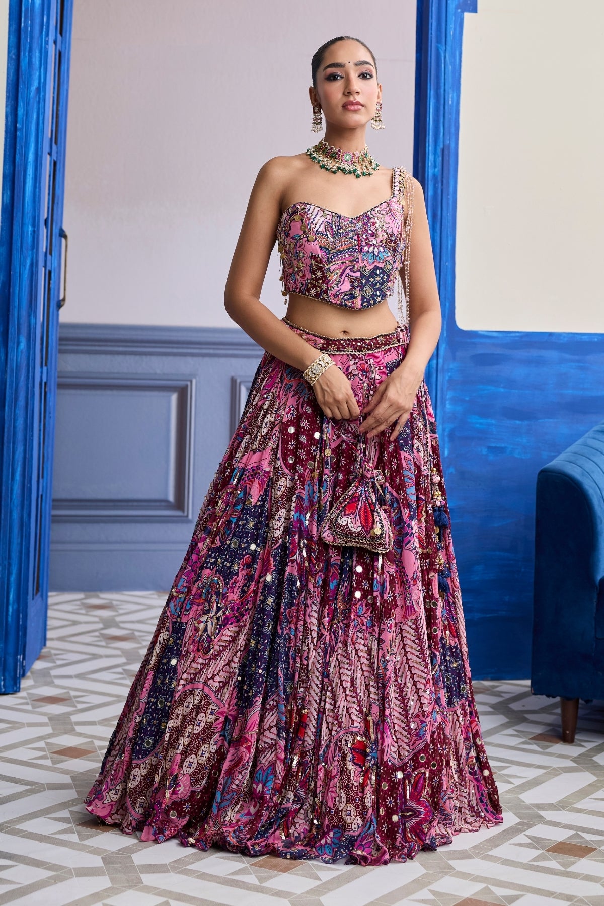 FUCHSIA FLORAL CORSET WITH HIGHLIGHTED LEHENGA SET