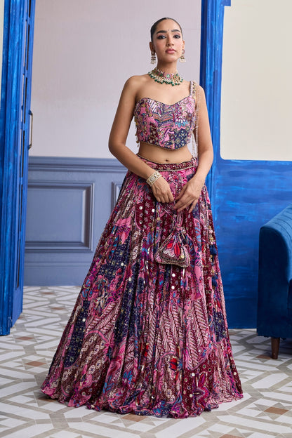 FUCHSIA FLORAL CORSET WITH HIGHLIGHTED LEHENGA SET