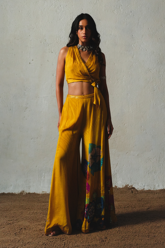 Yellow Chiffon Flared Pant Set