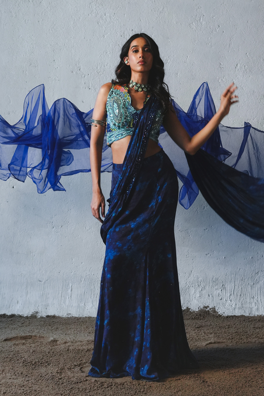 Blue Chiffon Pre-Draped Saree Set