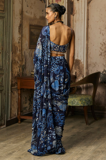 NAVY BLUE PRINTED AND HIGHLIGHTED CLASSIC SAREE SET