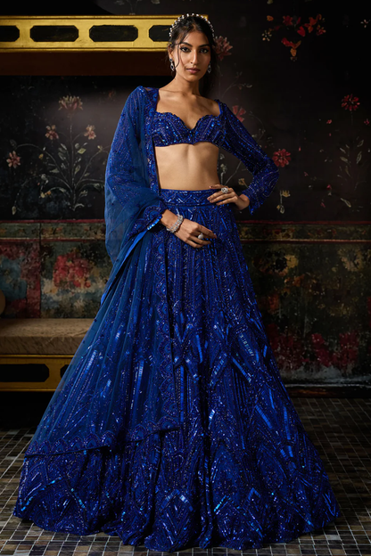 Electric Blue 3d Arc Embellished Lehenga Set