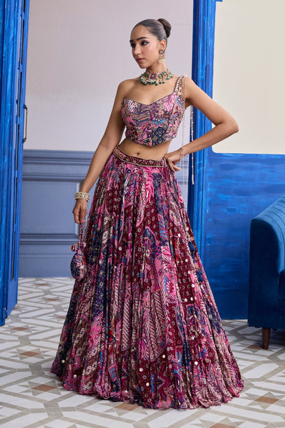 FUCHSIA FLORAL CORSET WITH HIGHLIGHTED LEHENGA SET