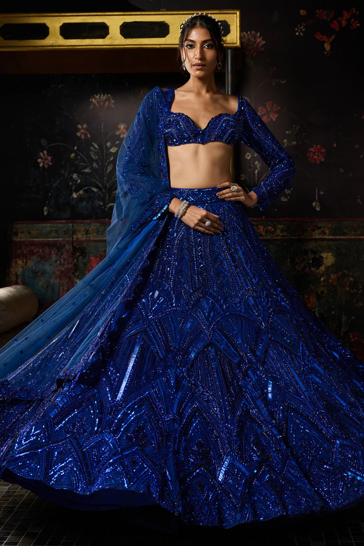 Electric Blue 3d Arc Embellished Lehenga Set
