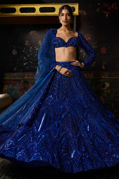Electric Blue 3d Arc Embellished Lehenga Set