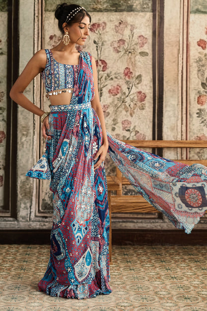 TEAL PRINT AND AND HIGHLIGHTED SQUARE NECK BLOUSE WITH TIERED SKIRT SAREE SET