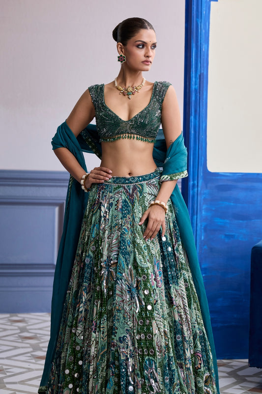 GREEN WAVE EMBROIDERED BLOUSE WITH PRINT HIGHLIGHTS & SOLID DUPATTA SET