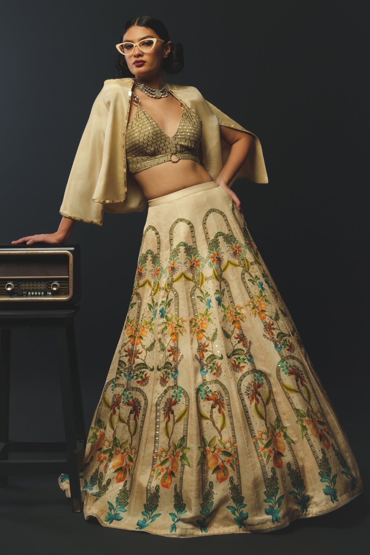 Beige Linen Satin & Tussar Lehenga Set