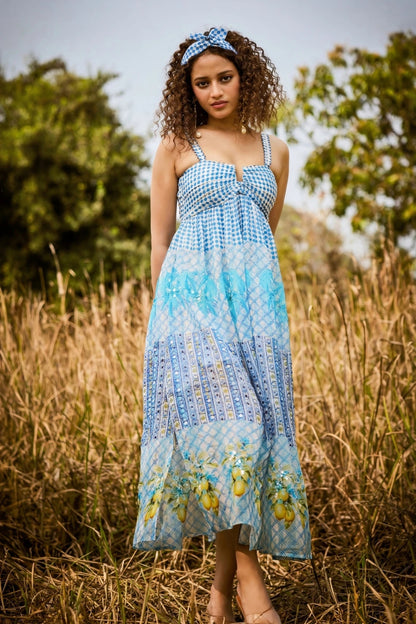 Blue Printed Organza Dress