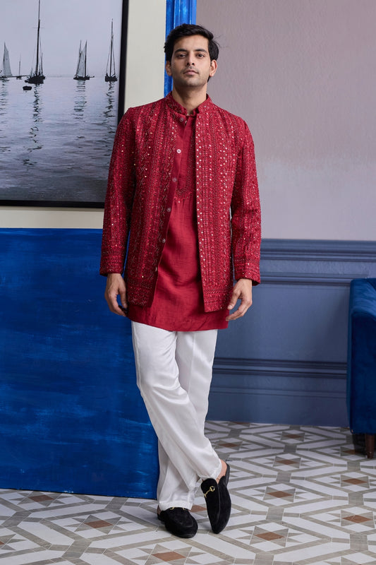 MAROON MIRROR EMBROIDERED & THREAD WORK BANDHGLA JACKET WITH KURTA & PANTS
