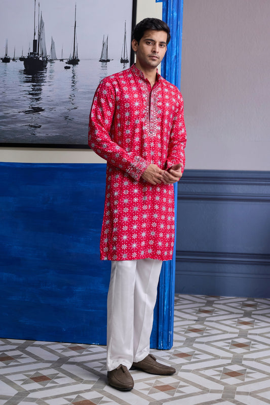 RED  BUTTA PRINT HIGHLIGHTED KURTA WITH  IVORY PANTS