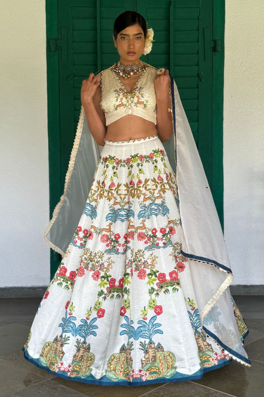 Off-White Linen Satin & Organza Printed Lehenga Set
