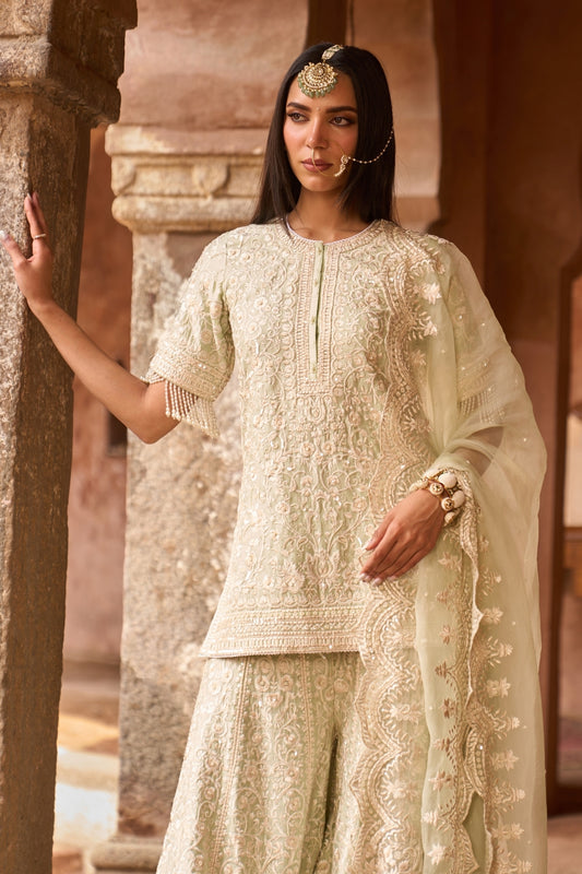Heer - Mint Green Short Kurta With Sharara And Dupatta