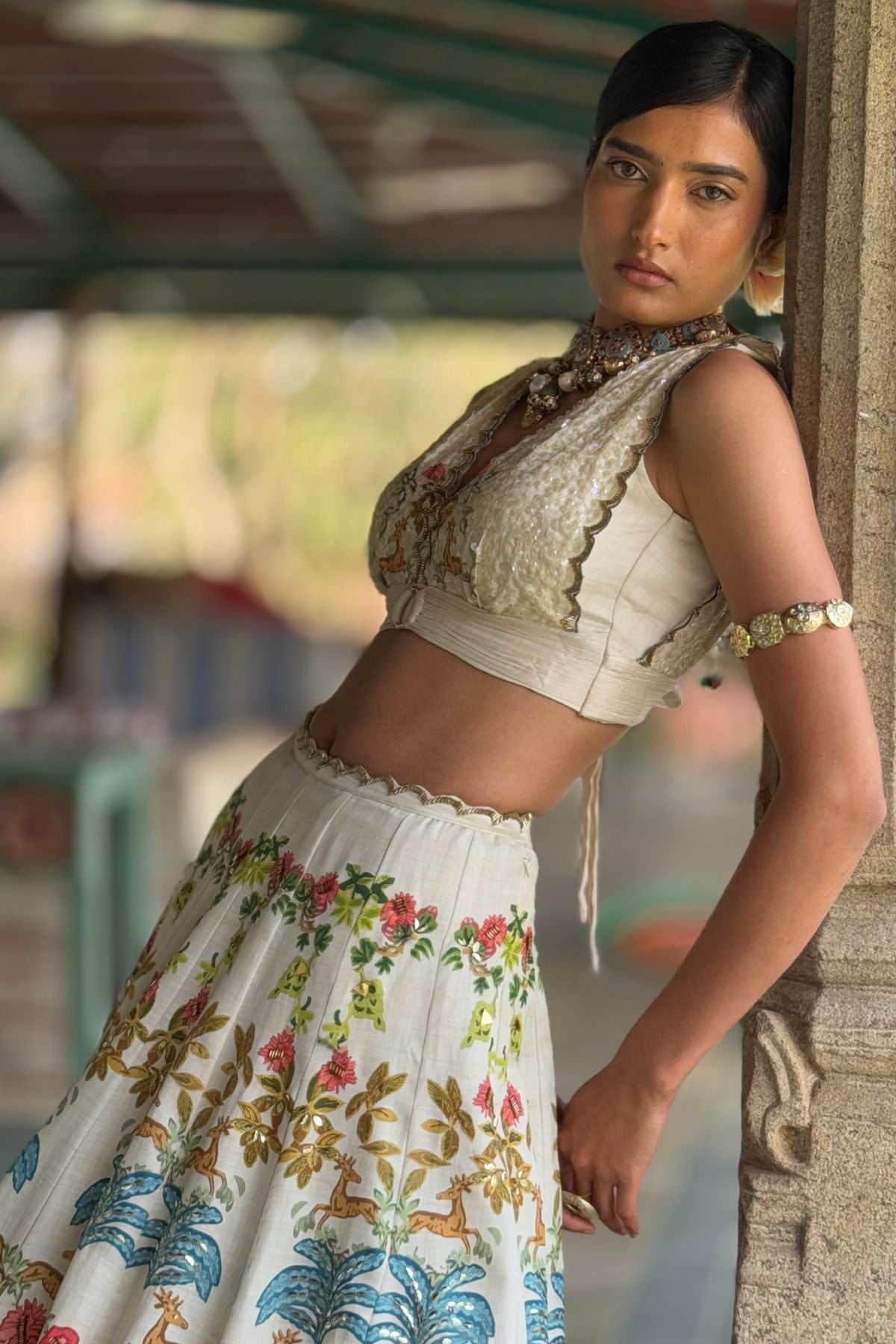 Off-White Linen Satin & Organza Printed Lehenga Set