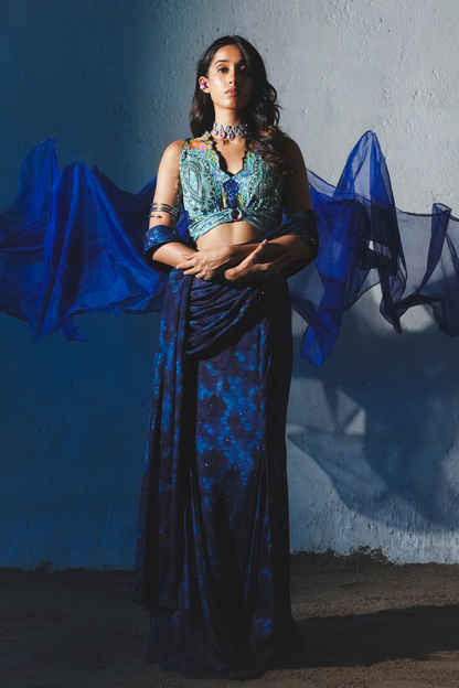 Blue Chiffon Pre-Draped Saree Set