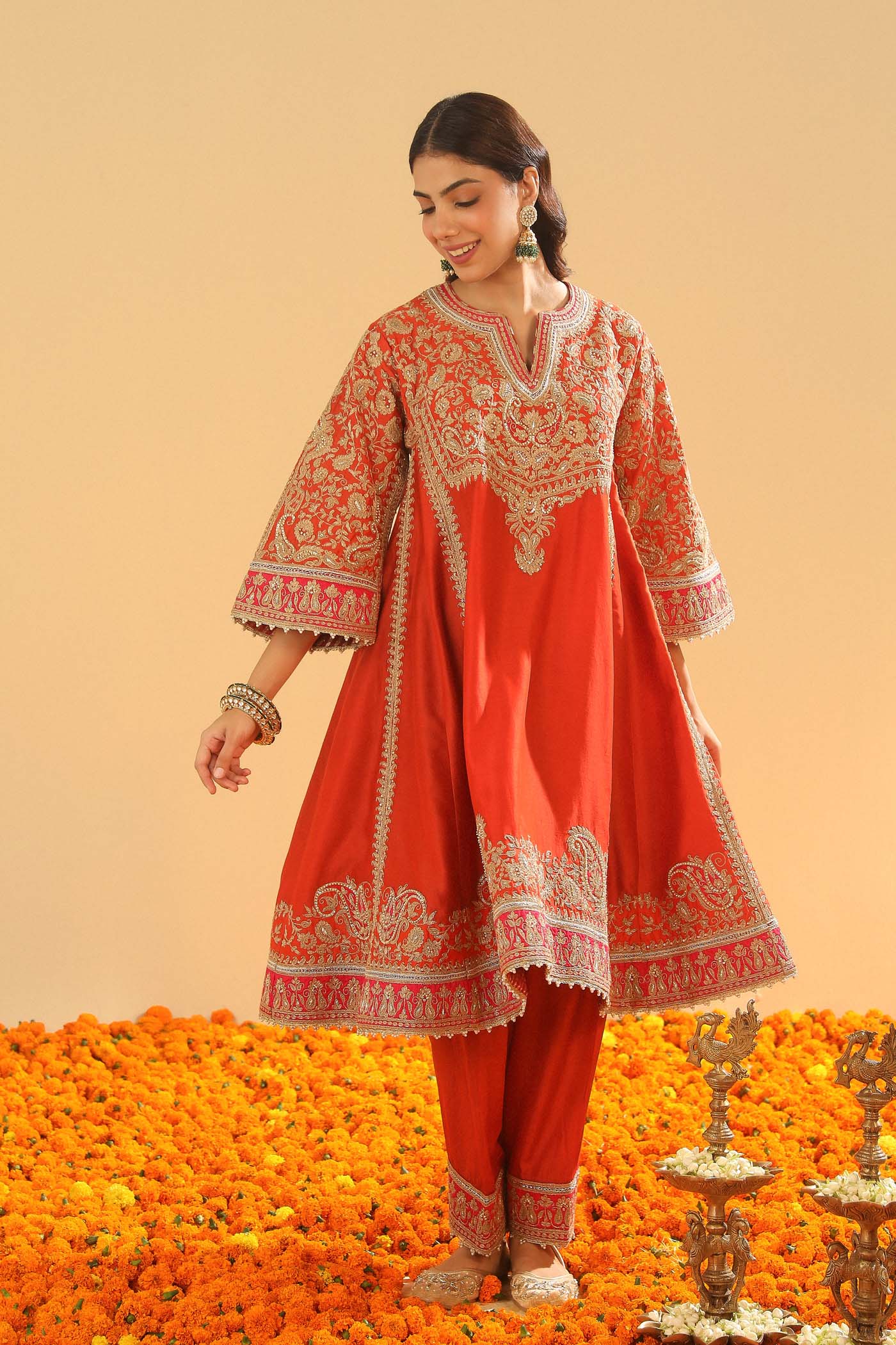Irha - Burnt Orange Knee Length Kalidaar Chauga with Salwar