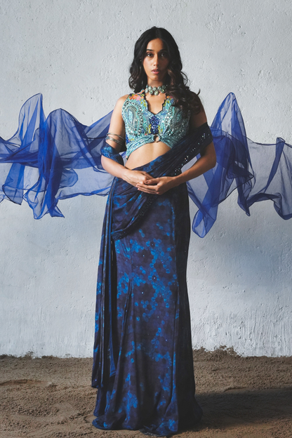 Blue Chiffon Pre-Draped Saree Set