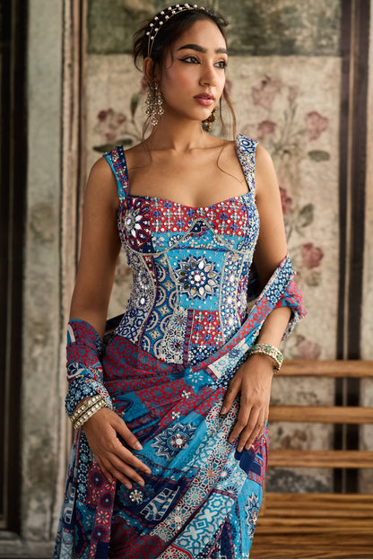 TEAL PRINT AND AND HIGHLIGHTED CORSET BLOUSE WITH PRE-DRAPED CLASSIC SAREE SET