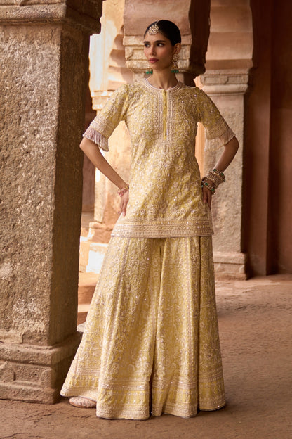 Heer - Lemon Yellow Short Kurta With Sharara And Dupatta