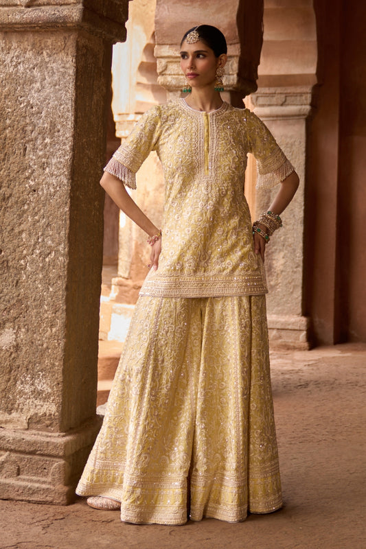 Heer - Lemon Yellow Short Kurta With Sharara And Dupatta
