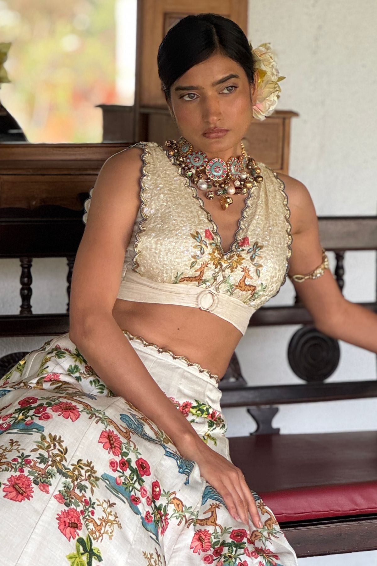 Off-White Linen Satin & Organza Printed Lehenga Set