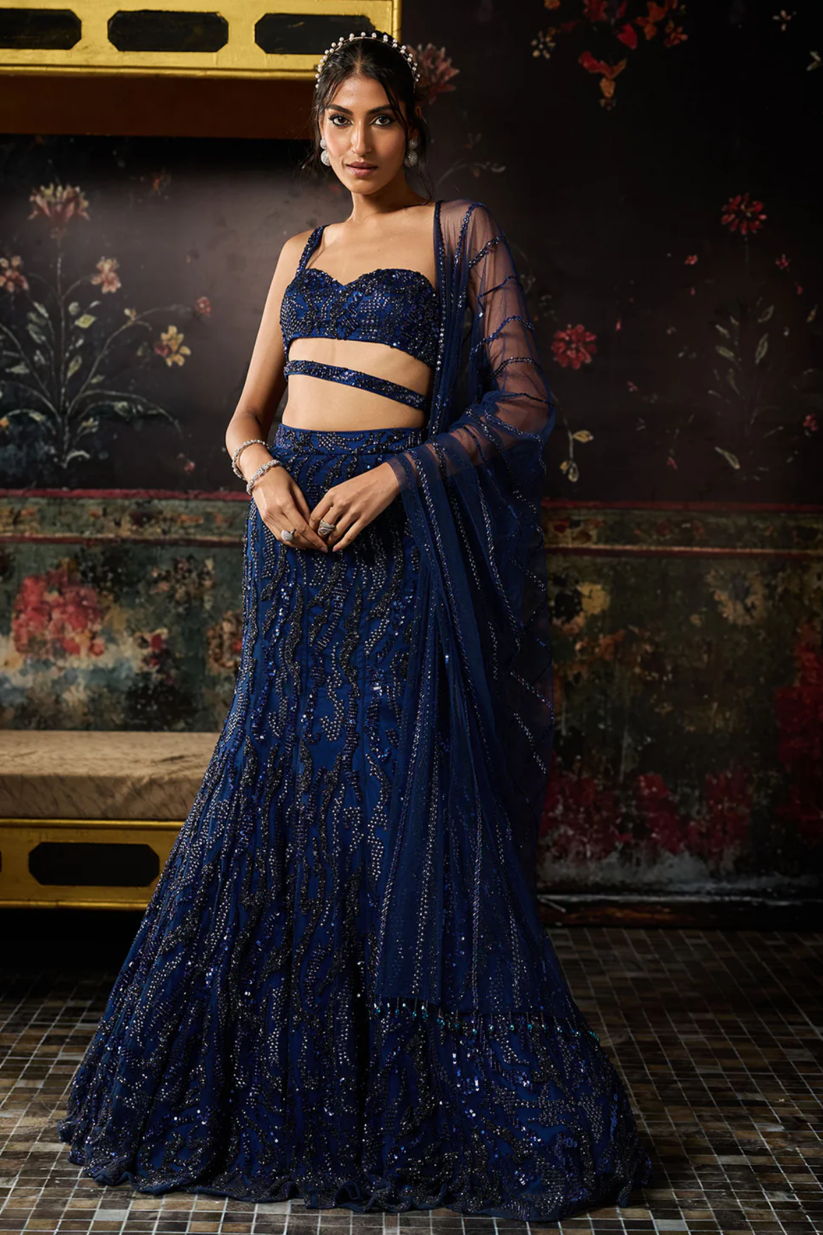 Dark Blue Embellished Mermaid Skirt Set