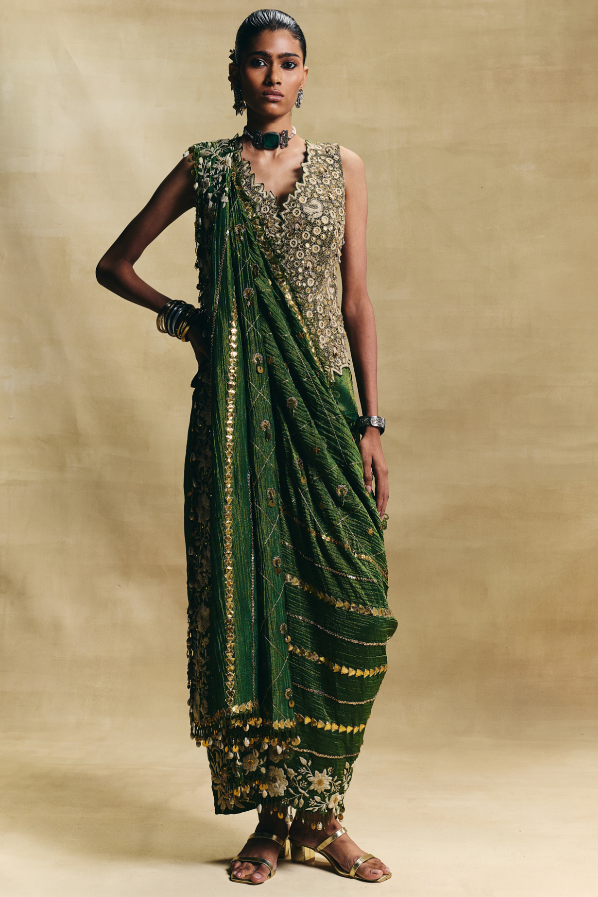 Green waistcoat saree set