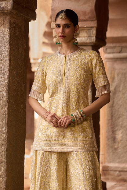 Heer - Lemon Yellow Short Kurta With Sharara And Dupatta